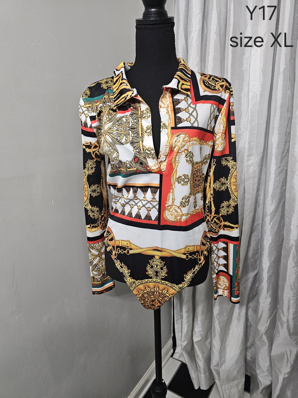 Women's Baroque Print Long-Sleeve Shirt - Black & Gold